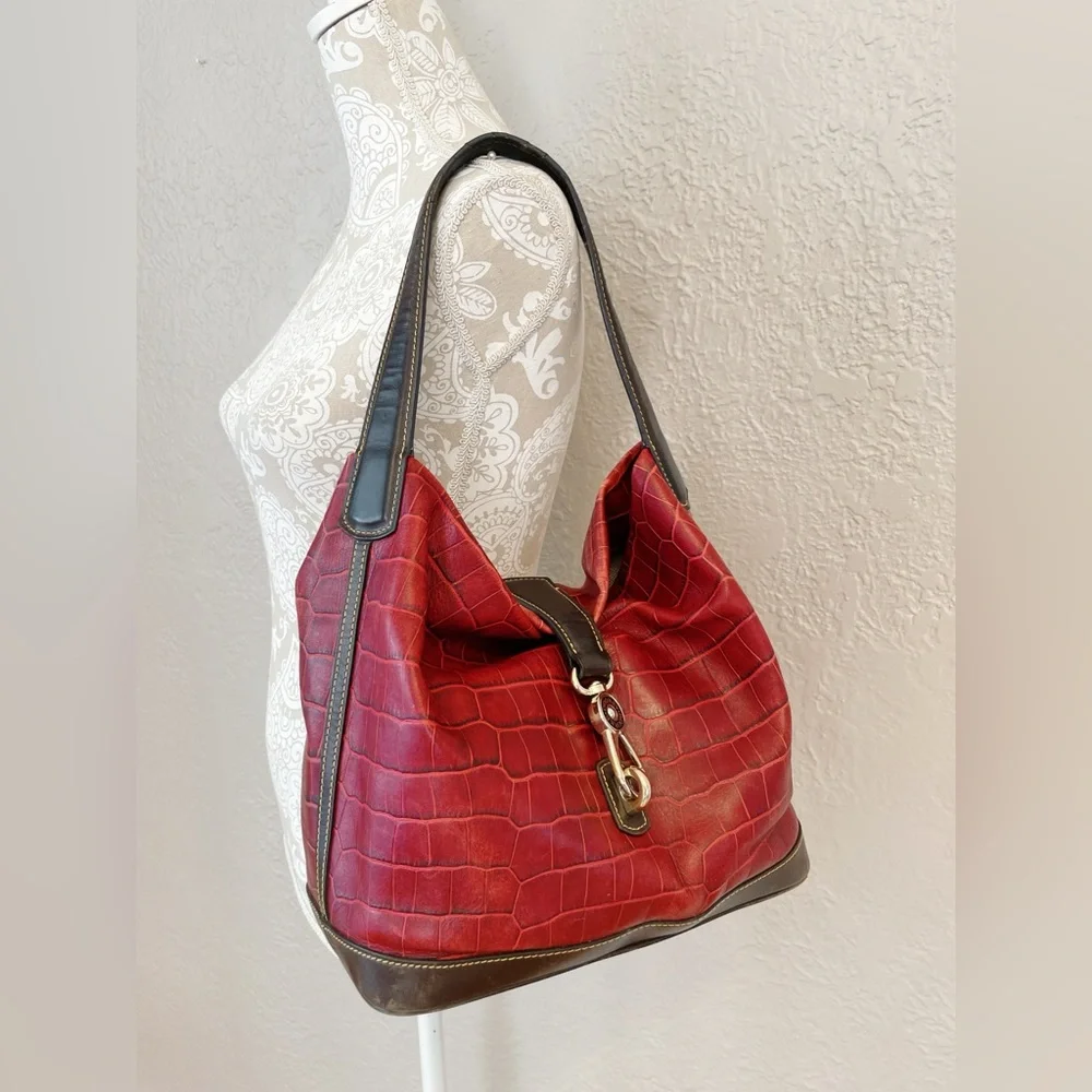 Dooney & Bourke Red Croc-Embossed Leather Hobo with Brown Trim